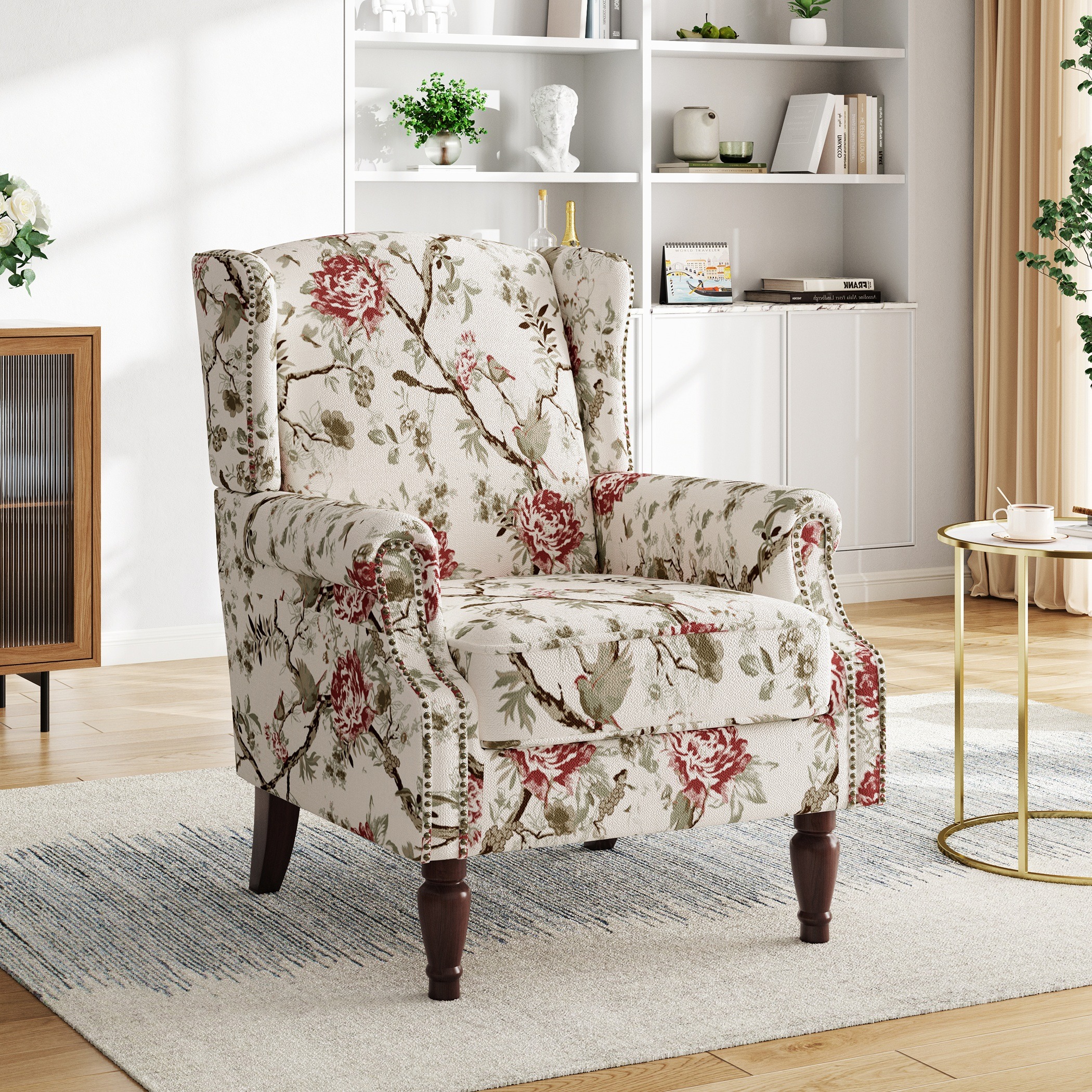 Uixe Wingback Accent Chair Nailhead Trim Floral Pattern Arm Chair for Living Room, Beige