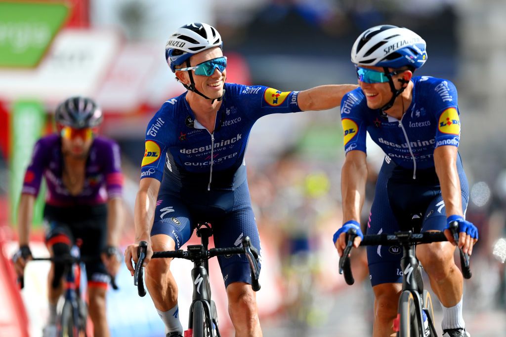 LA MANGA SPAIN AUGUST 21 James Knox of United Kingdom celebrates Fabios victory with his teammate after crosses the finishing line in the 76th Tour of Spain 2021 Stage 8 a 1737 km stage from Santa Pola to La Manga del Mar Menor lavuelta LaVuelta21 on August 21 2021 in La Manga Spain Photo by Stuart FranklinGetty Images