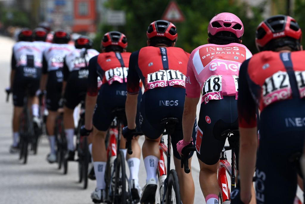 CAORLE ITALY MAY 24 Geraint Thomas of The United Kingdom and Team INEOS Grenadiers Pink Leader Jersey with teammates compete during the the 106th Giro dItalia 2023 Stage 17 a 197km stage from Pergine Valsugana to Caorle UCIWT on May 24 2023 in Caorle Italy Photo by Tim de WaeleGetty Images