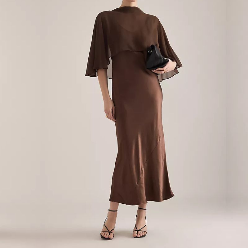 Anthropologie brown satin midi dress with mesh cape overlay