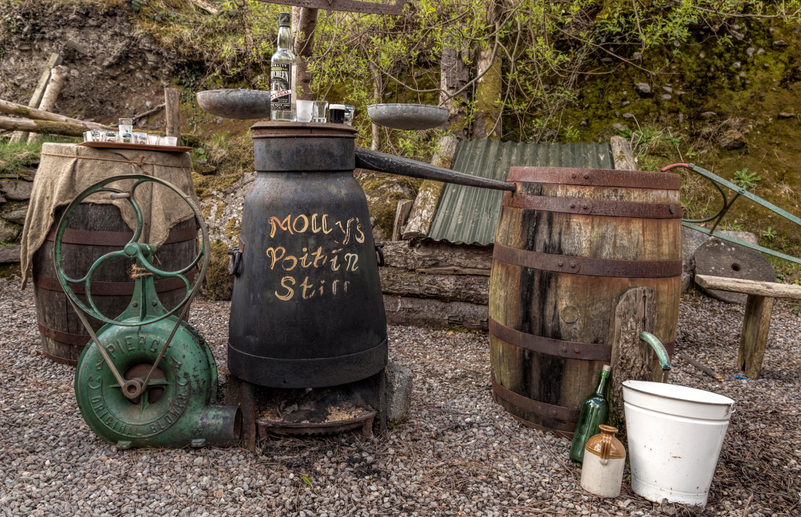 A colour photo of a poteen still, likely taken at some kind of museum or experience