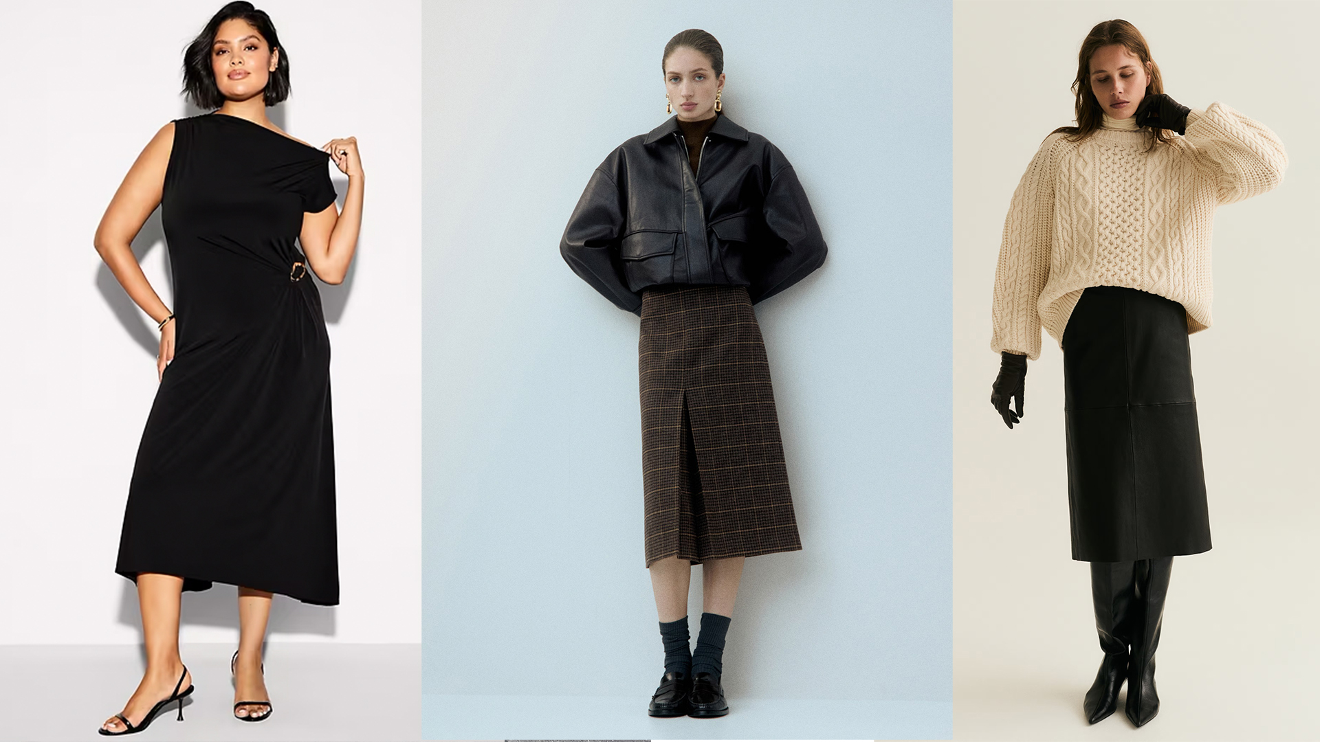 model wears leather jacket brown plaid pencil skirt, another model wears cream cable knit sweater black pencil skirt and boots, model wears black off the shoulder dress with metal hardware