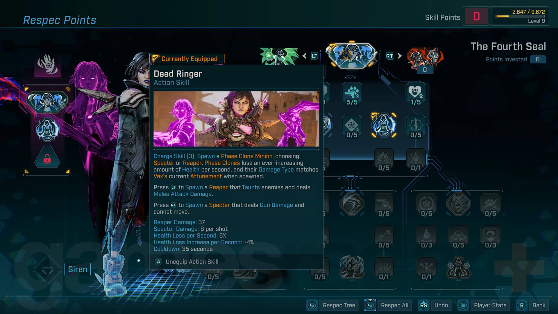 Borderlands 4 Vex Siren build Fourth Seal skill tree and dead ringer action skill