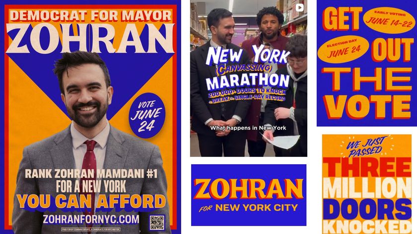 Montage of poster and Instagram screengrabs from Zohran Mamdani&#039;s campaign