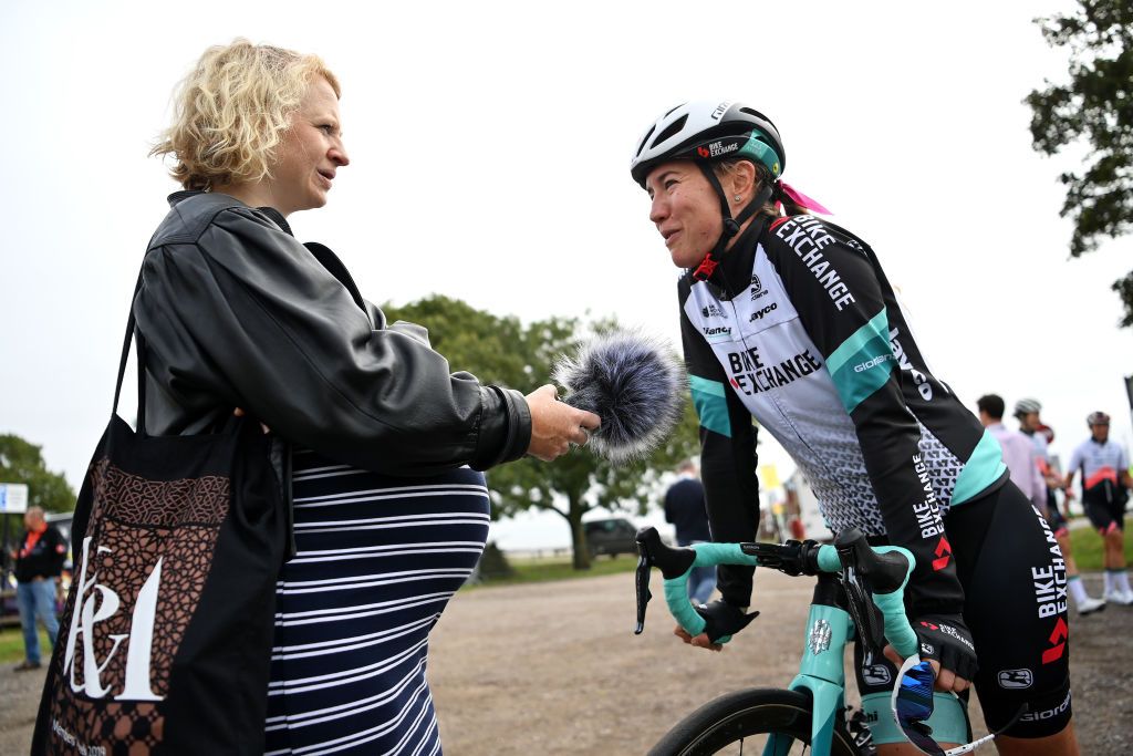 SOUTHEND ENGLAND OCTOBER 07 Jessica Allen of Australia and Team BikeExchange meets the media press prior to the 7th The Womens Tour 2021 Stage 4 a 1178km stage from Shoeburyness to SouthendonSea thewomenstour UCIWWT on October 07 2021 in Southend England Photo by Justin SetterfieldGetty Images