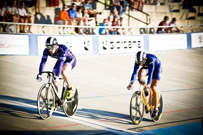 Matthew Baranoski (top) takes on David Espinoza (bottom) in the Semifinal Round of the Men 200m Time Trial. Baranoski wins both heats and moves on to the gold medal round