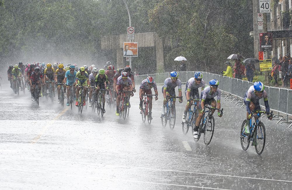 Orica-GreenEdge lead on the front of the peloton