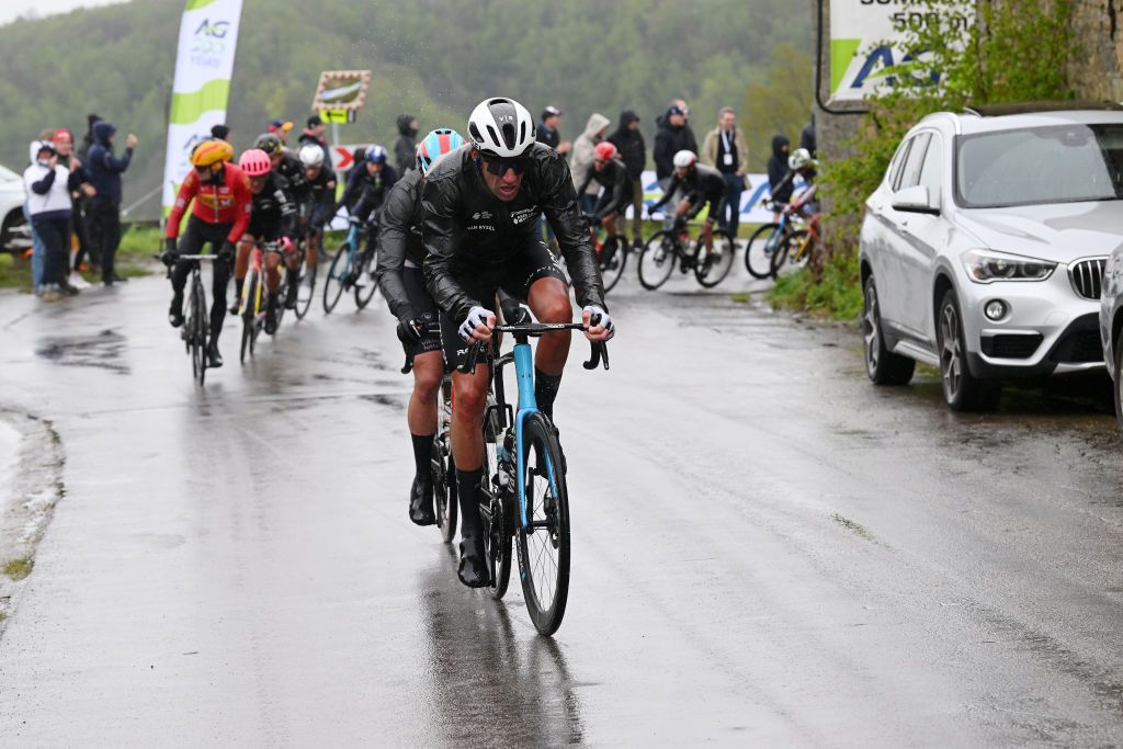 HUY BELGIUM APRIL 17 Bruno Armirail of France and Decathlon AG2R La Mondiale Team leads the peloton during the 88th La Fleche Wallonne 2024 Mens Elite a 1986km one day race from Charleroi to Huy UCIWT on April 17 2024 in Huy Belgium Photo by Dario BelingheriGetty Images