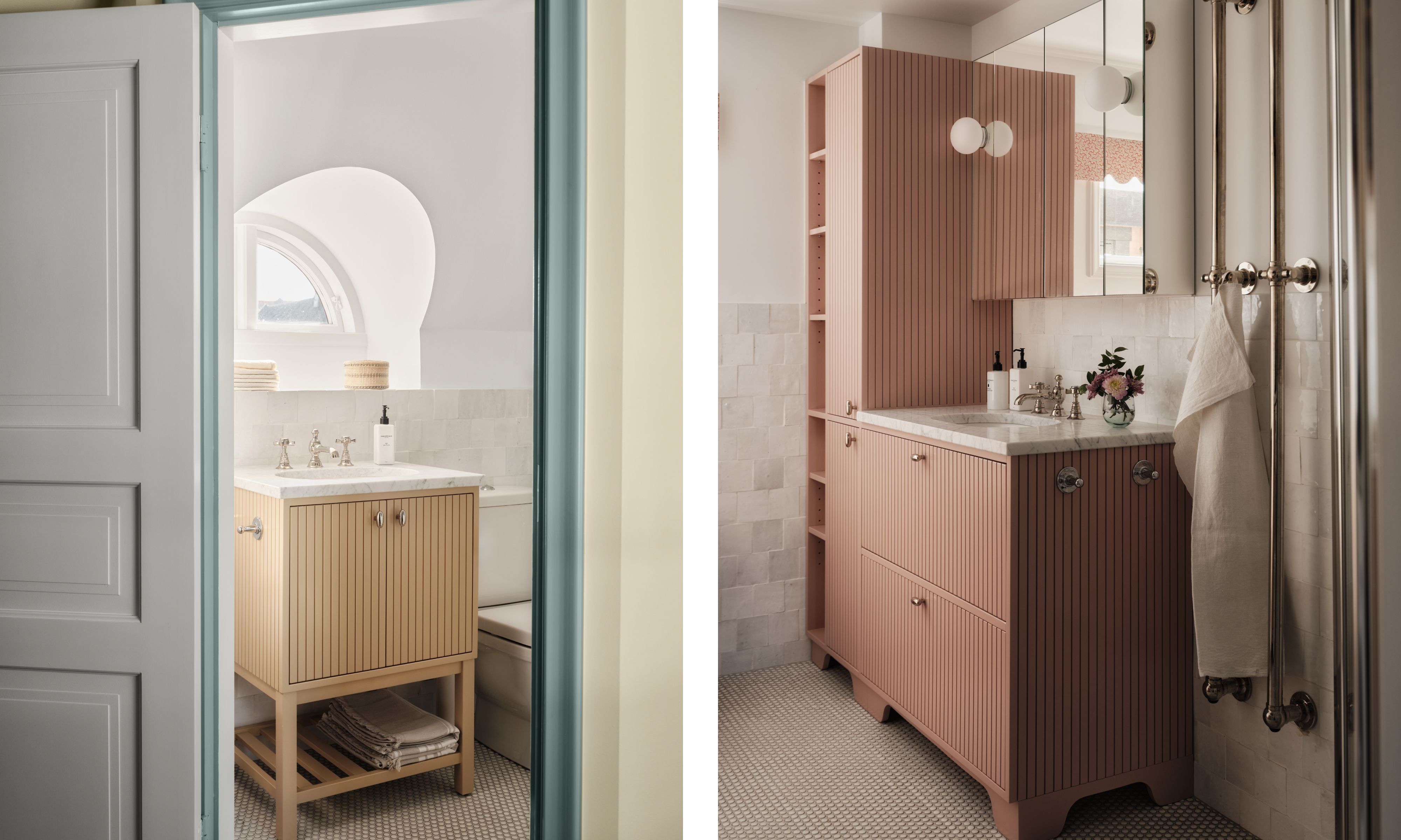 Two side by side images of a bathroom. One has a pale yellow ribbed vanity sat under a small arched windows. The other has a pale pink ribbed vanity and a mirrored cabinet above