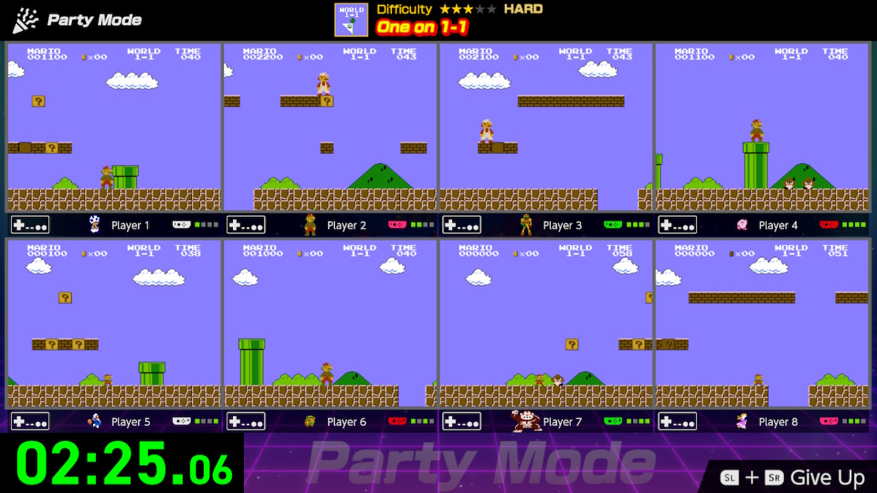 A screenshot showing an example of an eight player game in Nintendo World Championships: NES Edition