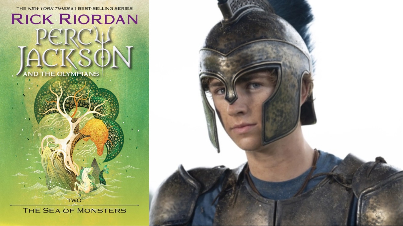sea of monsters book and walker scobell in helmet in percy jackson series