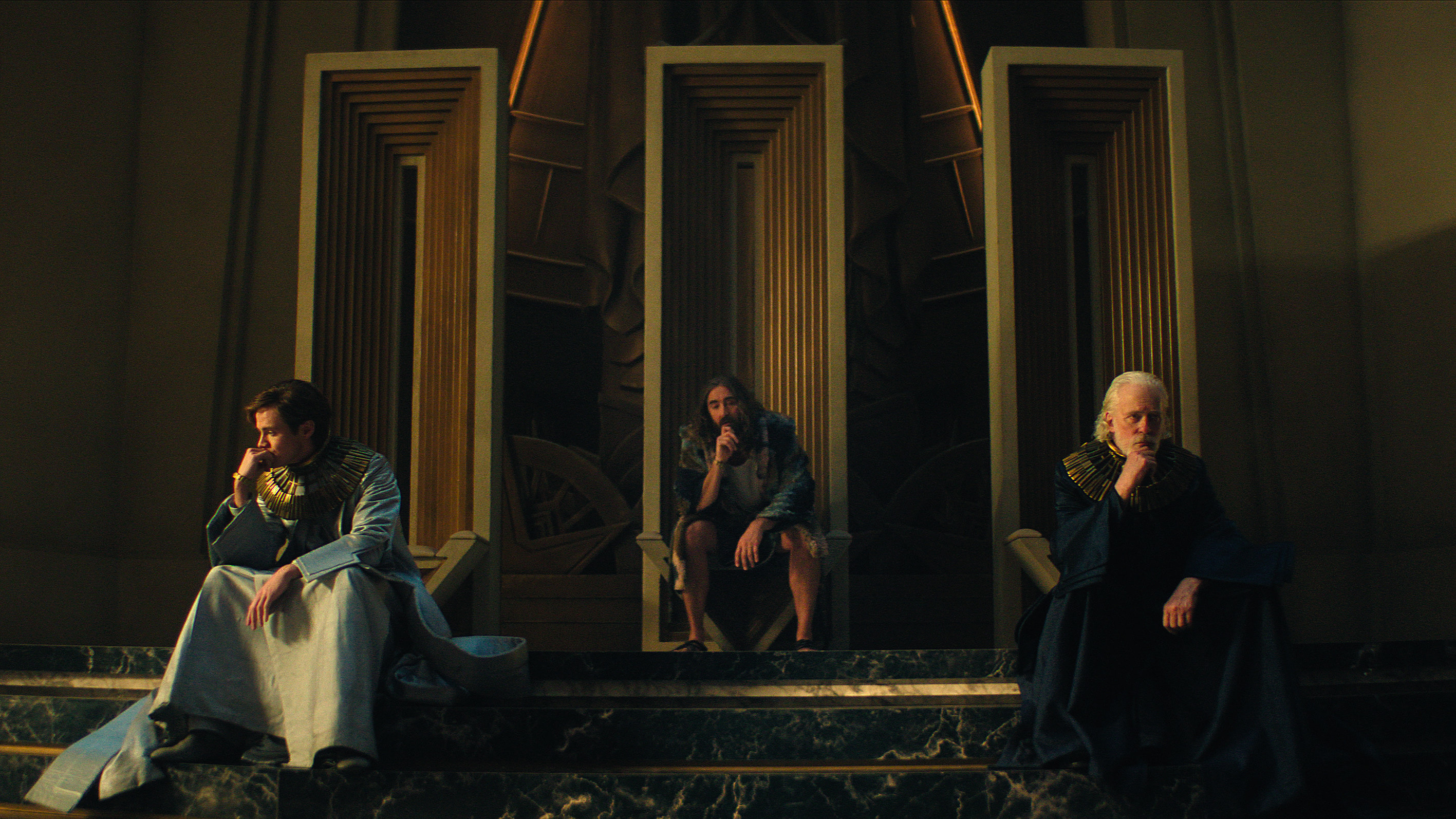 (L-R) Cassian Bilton, Lee Pace and Terrence Mann in "Foundation" on Apple TV Plus.