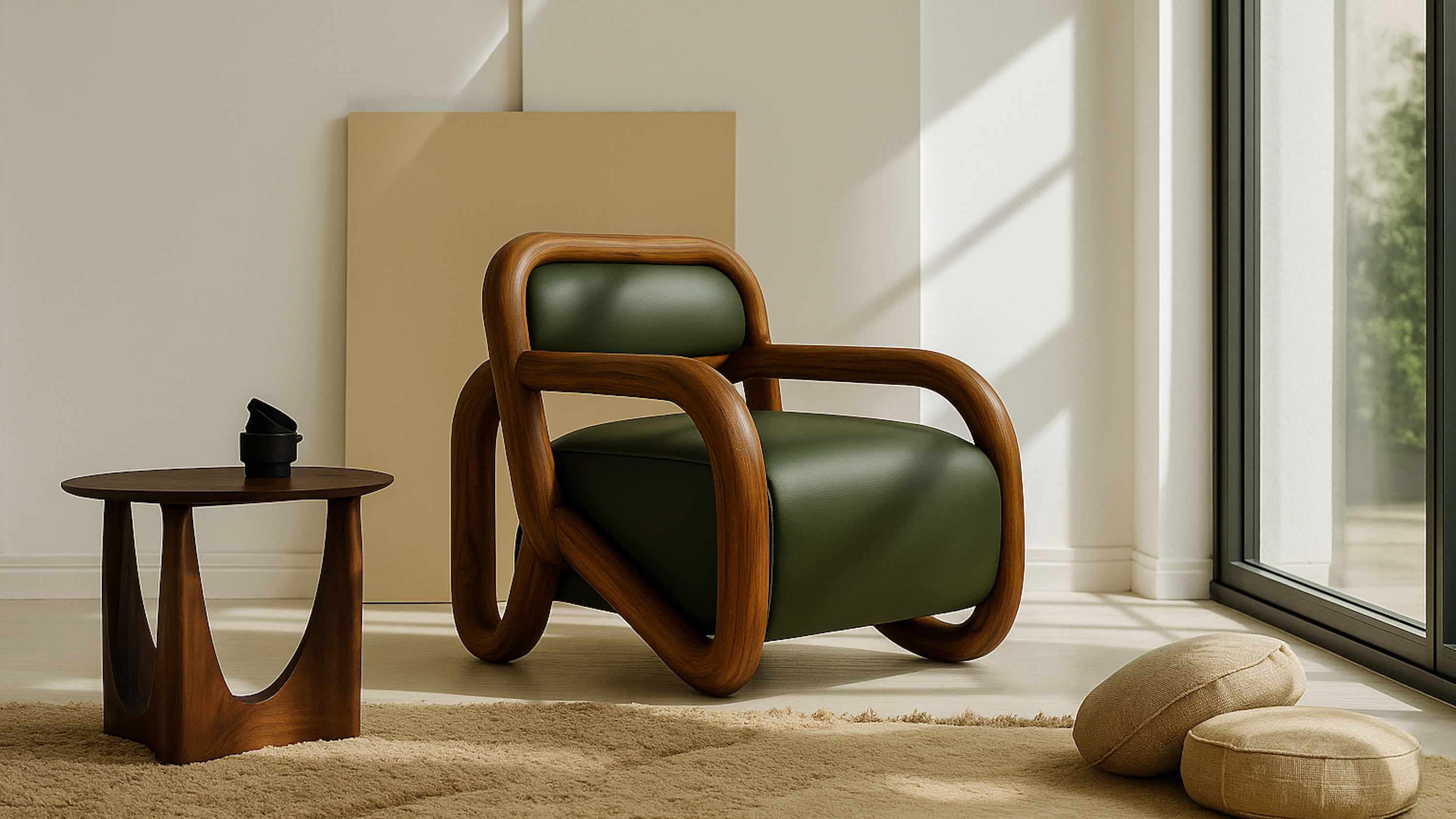 teak armchair and table nezxt to a window