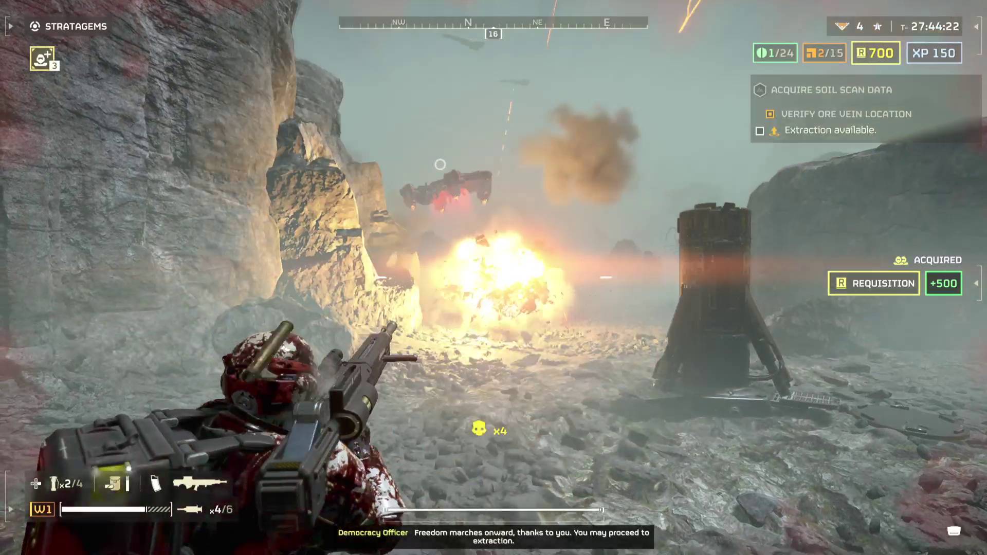 Helldivers 2 Autocannon shot fired at bots and exploding