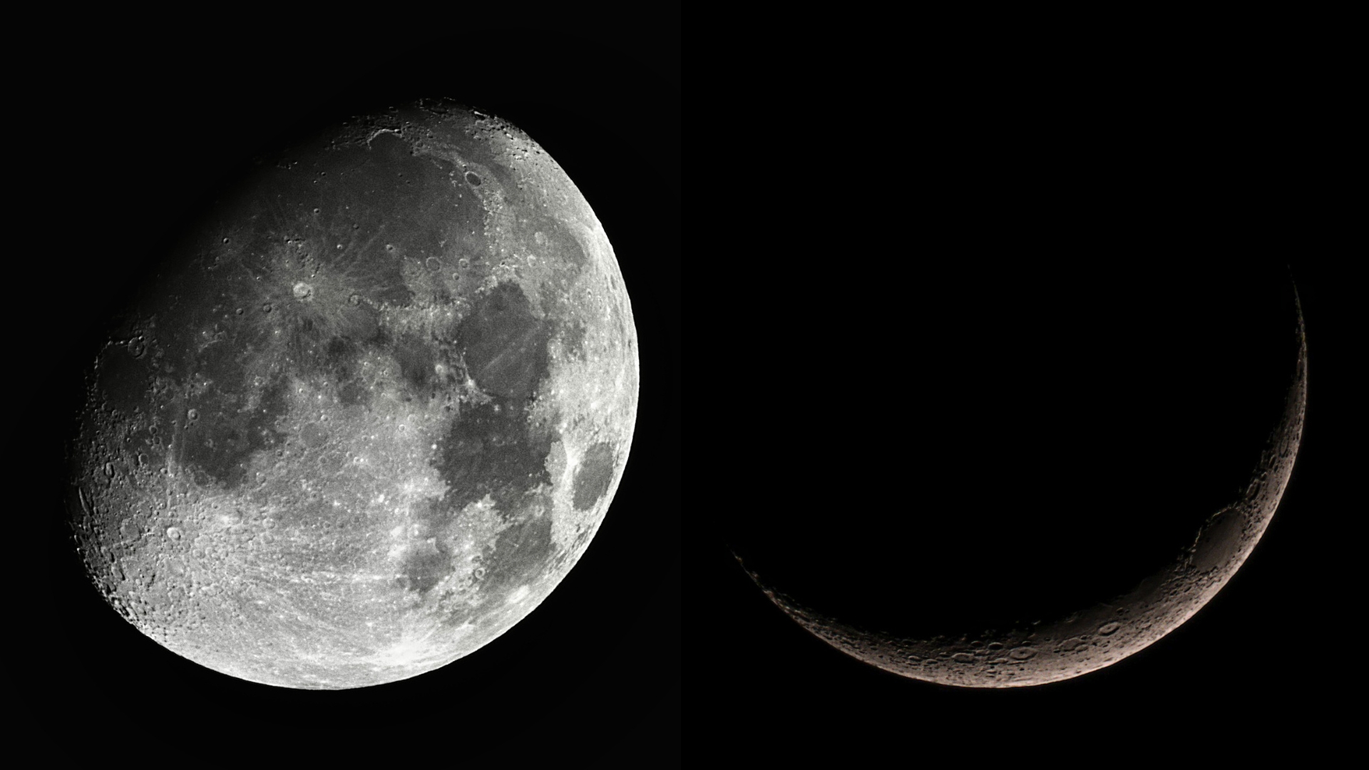 two panel image of the moon showing our lunar neighbor at different phases on the right it is a very thin crescent.