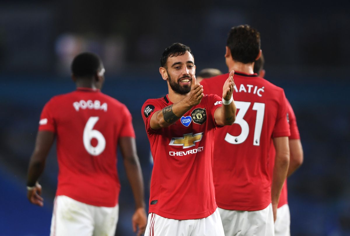 Bruno Fernandes celebrates scoring for Manchester United against Brighton