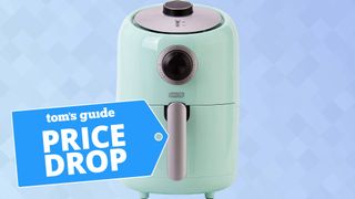 Dash Air Fryer with sky blue background