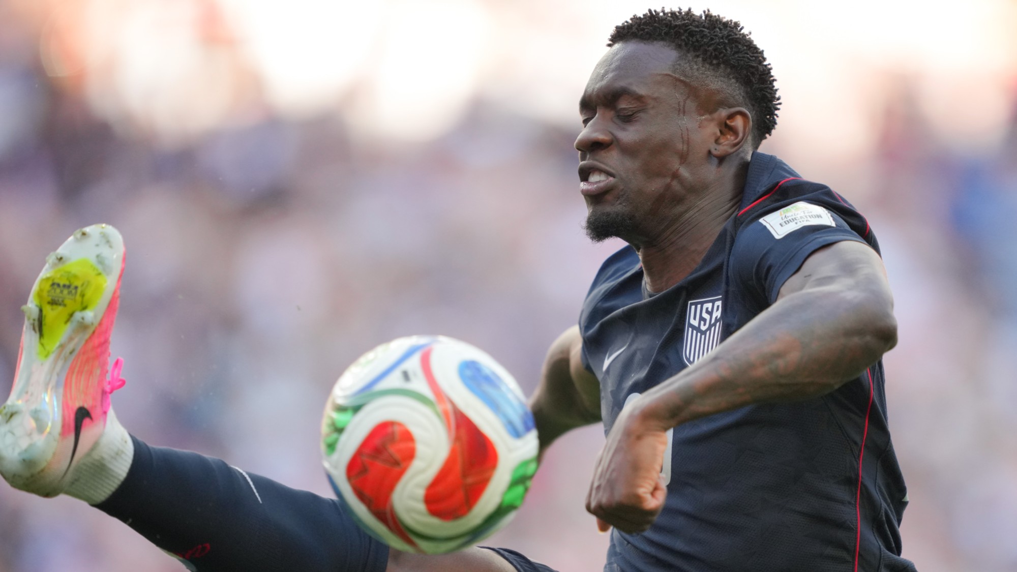 Folarin Balogun controls the ball during the second half against Belgium during the FIFA World Cup 2026 Round Of 16 match at Seattle Stadium on July 6, 2026