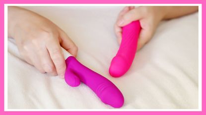 Two dildo on a bed, pink silicone vibrators, best sex toys for couples