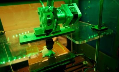 3D printers creates objets, usually out of plastic, layer-by-layer from digital files; this 3D printer is in the midst of printing a turtle.