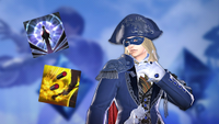 A blue mage adjusting their collar in a smug fashion in Final Fantasy 14, while next to two troublesome abilities.