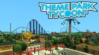 En startbild för Theme Park Tycoon 2, med en överblick över en nöjespark och spelets titel skrivet i ena hörnet.