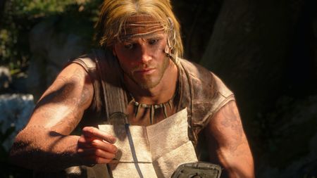 Edward Kenway looking at a piece of paper with a curious expression.