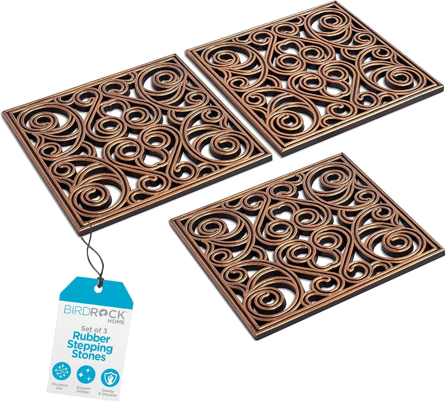 Birdrock Home Rubber Stepping Stones - Decorative Pavers for Garden Path, Patio, Lawn, Yard, and Backyard Landscaping - Easy Install Outdoor Walkway Pathway, Ground Tiles - Copper - Set of 3, 12 X 12