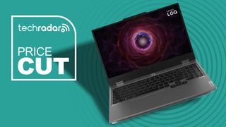 A Lenovo LOQ laptop against a Cyan TechRadar PRICE CUT background