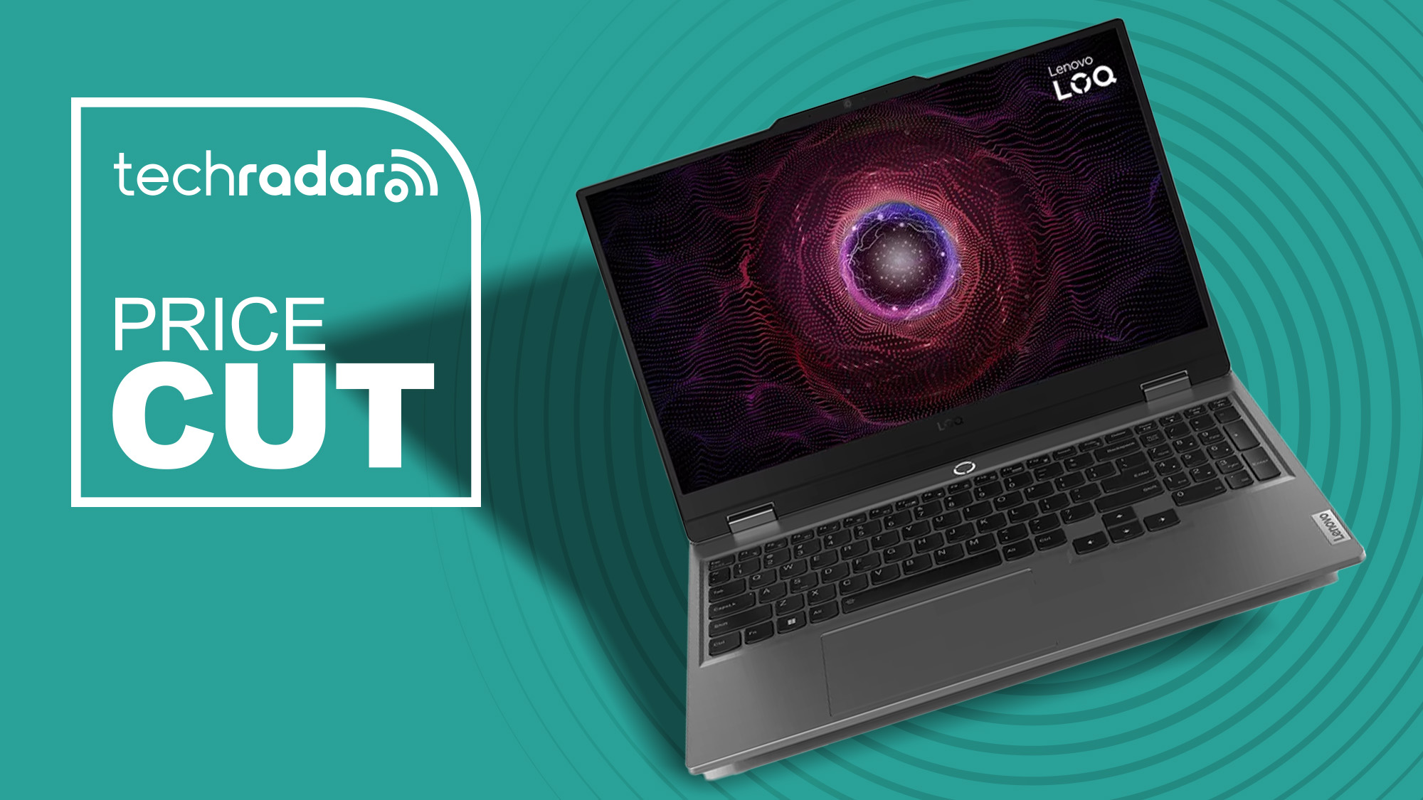 A Lenovo LOQ laptop against a Cyan TechRadar PRICE CUT background