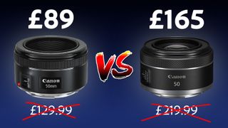 A Canon EF 50mm f/1.8 next to a Canon RF 50mm f/1.8, with a "VS" sign between them and their respective price tags