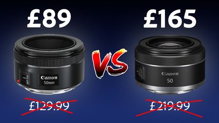 A Canon EF 50mm f/1.8 next to a Canon RF 50mm f/1.8, with a "VS" sign between them and their respective price tags