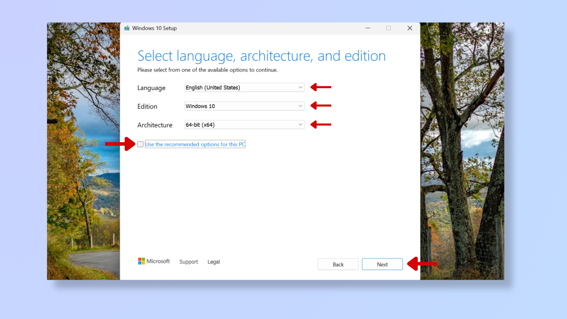 A screenshot of the Windows 10 Media Creation Tool with red arrows pointing to 