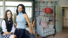 a picture of rory and lorelai gilmore and a picture of a blue reading chair in a blue living room