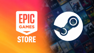 Epic Games Store and Steam logos displayed side by side, with Epic's orange and pink gradient background blending into Steam's dark, blurred library of PC games.
