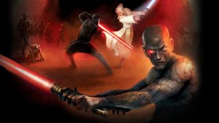 Image from the game Star Wars Knights of the Old Republic II: The Sith Lords. Concept art depicting a person in black clothing with a red lightsaber fighting a person in white clothing with a blue lightsaber. In the foreground there is a heavily scared person (with one red eye and one normal eye) holding a red lightsaber, ready to strike.