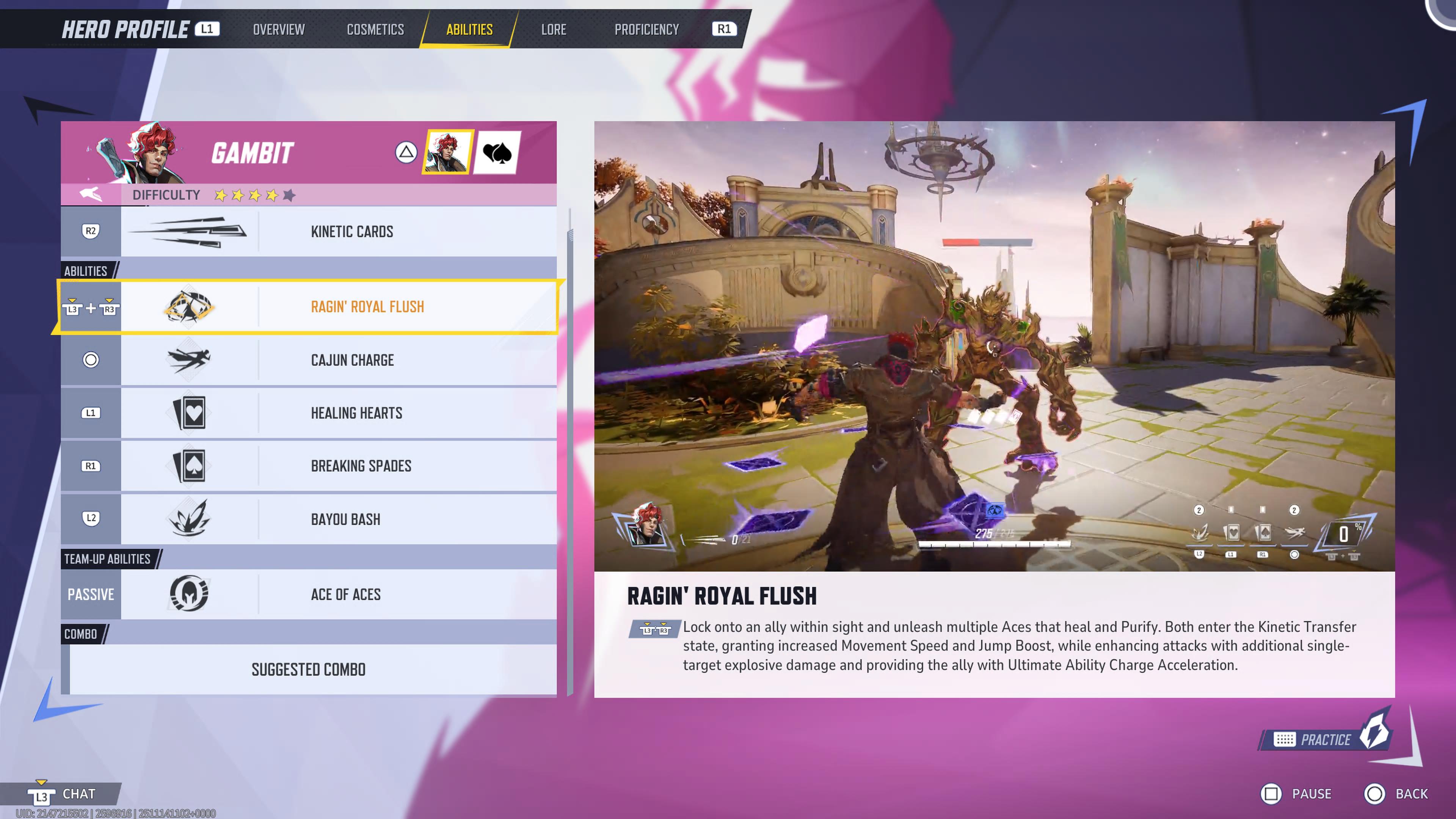 Gambit&#039;s abilities listed in the Hero menu