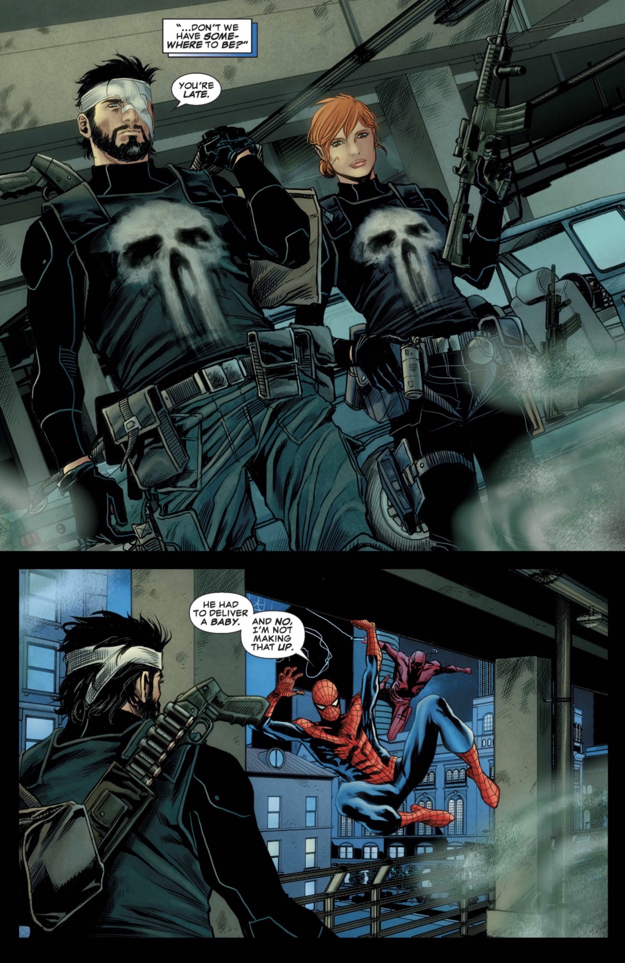 Rachel Cole and Frank Castle encountering Spider-Man and Daredevil