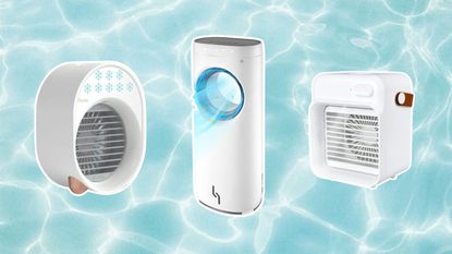 Best portable air conditioners - 3 portable white units on a blue water background