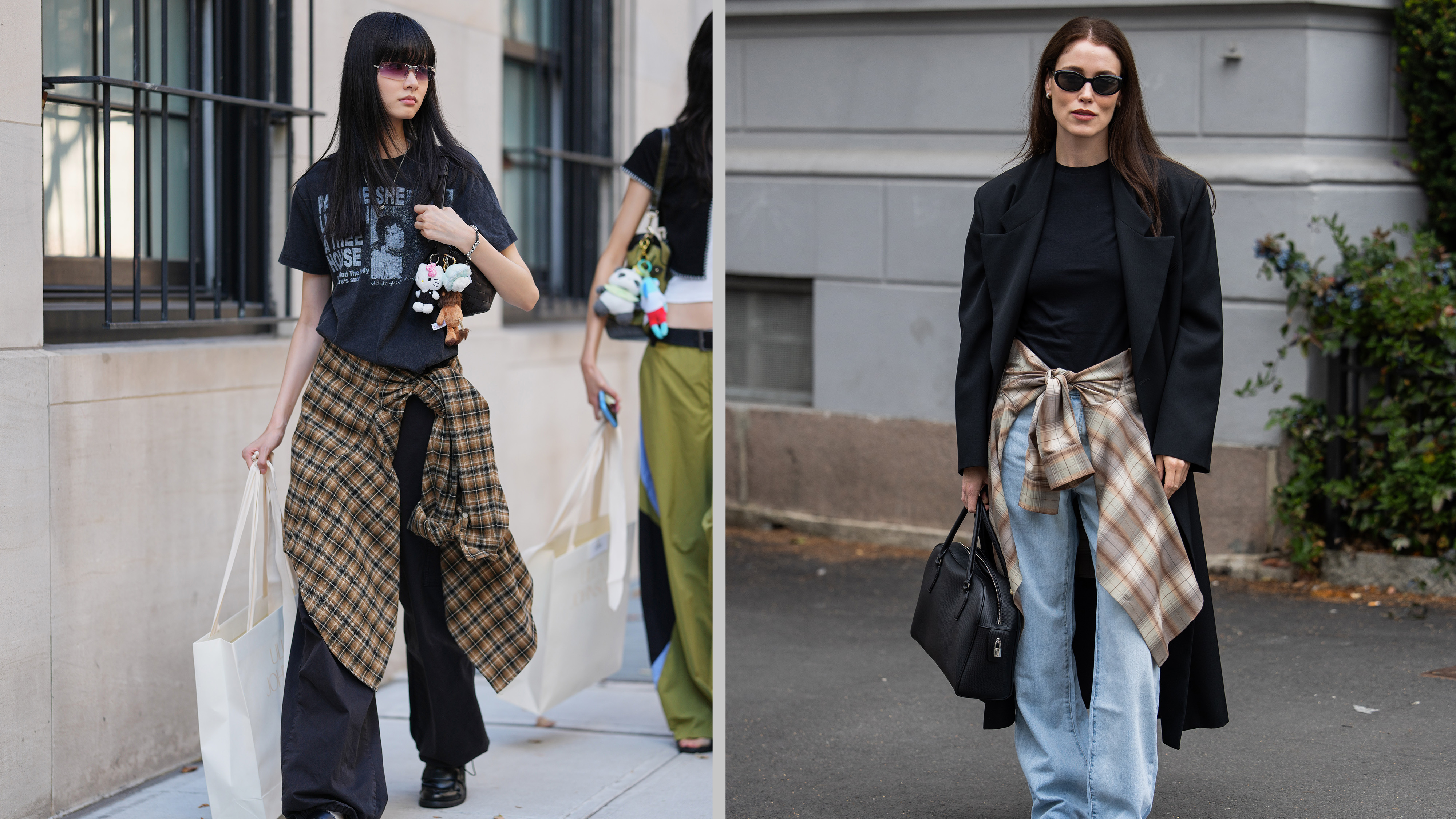 Two women wearing plaid shirts around their waists as a styling trick.