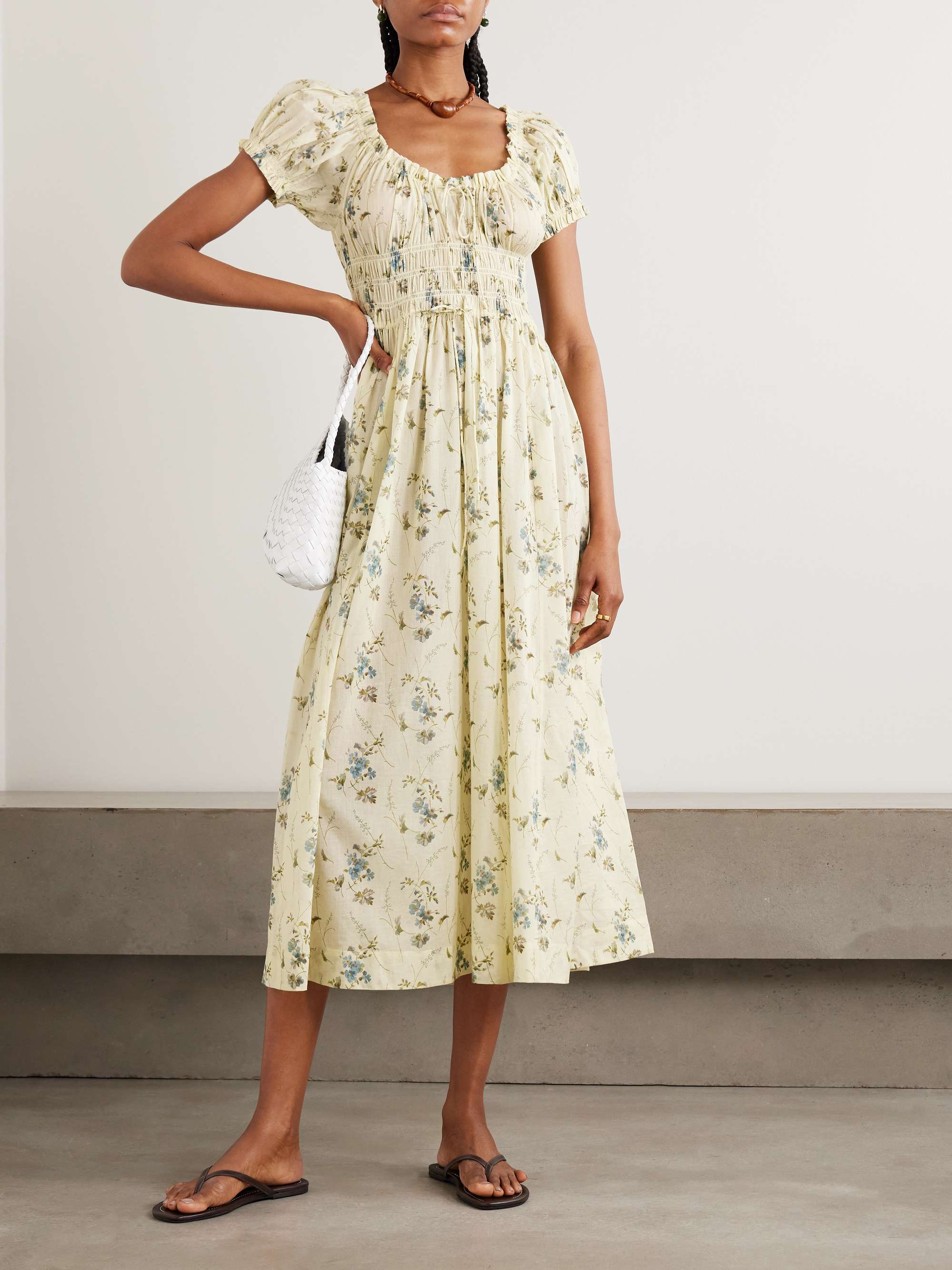 Ashlynn Tie-Detailed Shirred Floral-Print Organic Cotton-Voile Midi Dress