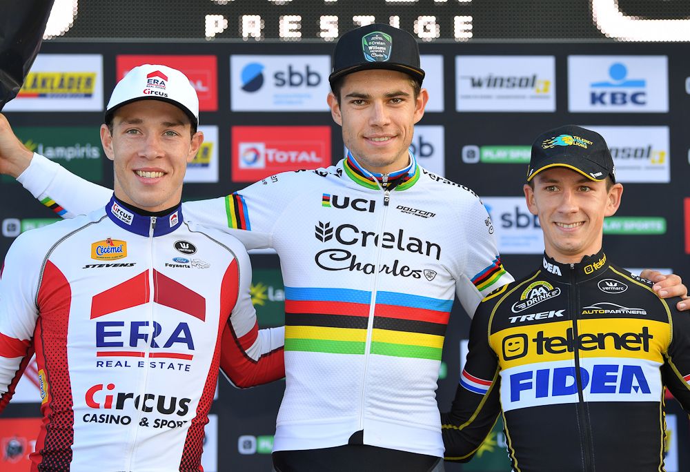 Laurens Sweeck, Wout Van Aert and Lars van der Haar on the Superprestige Niels Albert podium