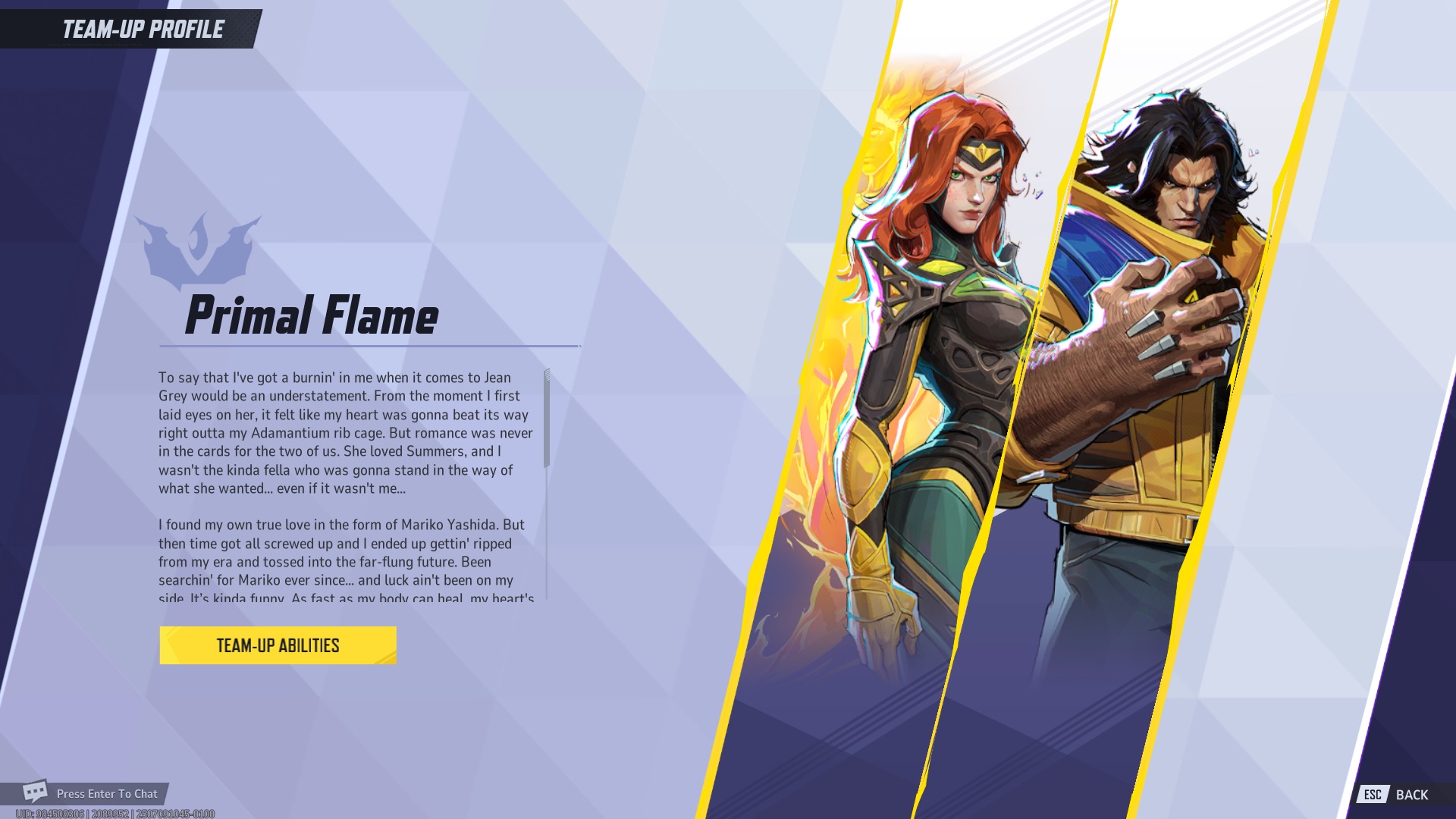 The Primal Flame Team Up selected in the menu. Wolverine and Phoenix are shown side by side