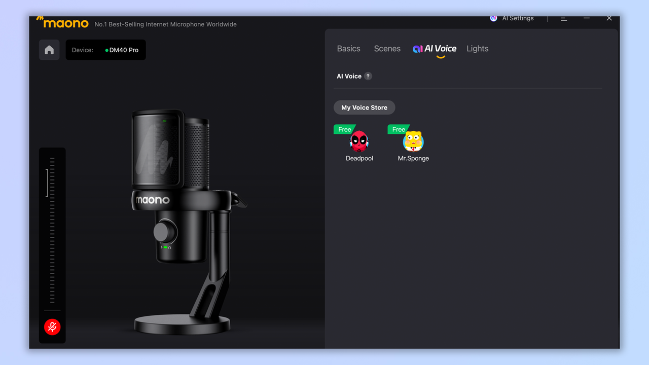 two screenshots from the maono link app showing functions with the dm40 pro mic