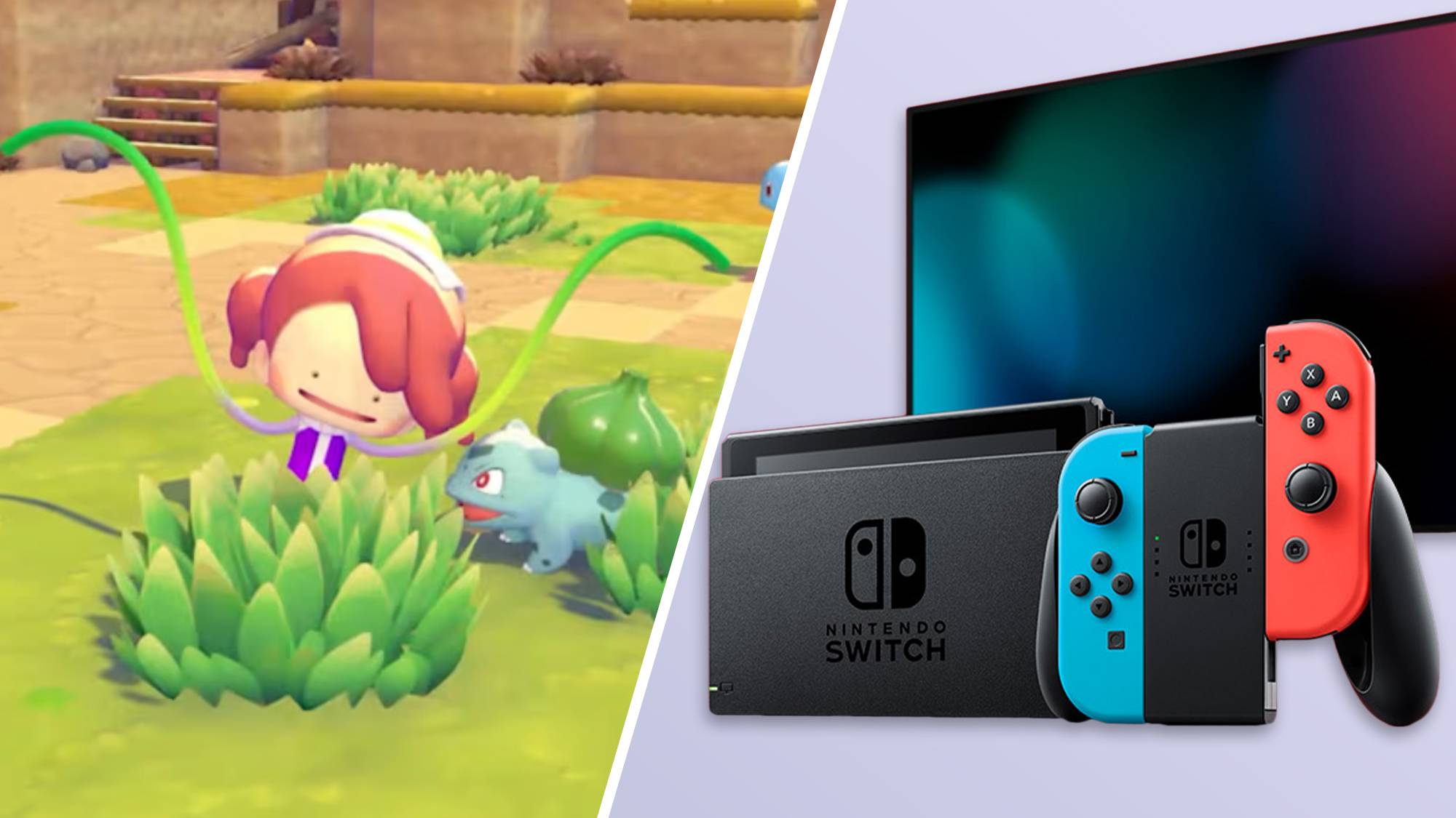 Compilation showing a Pok&eacute;mon Pokopia screenshot and a Nintendo Switch console