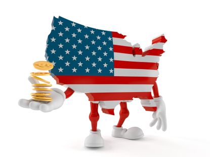 USA character with stack of coins isolated on white background. 3d illustration