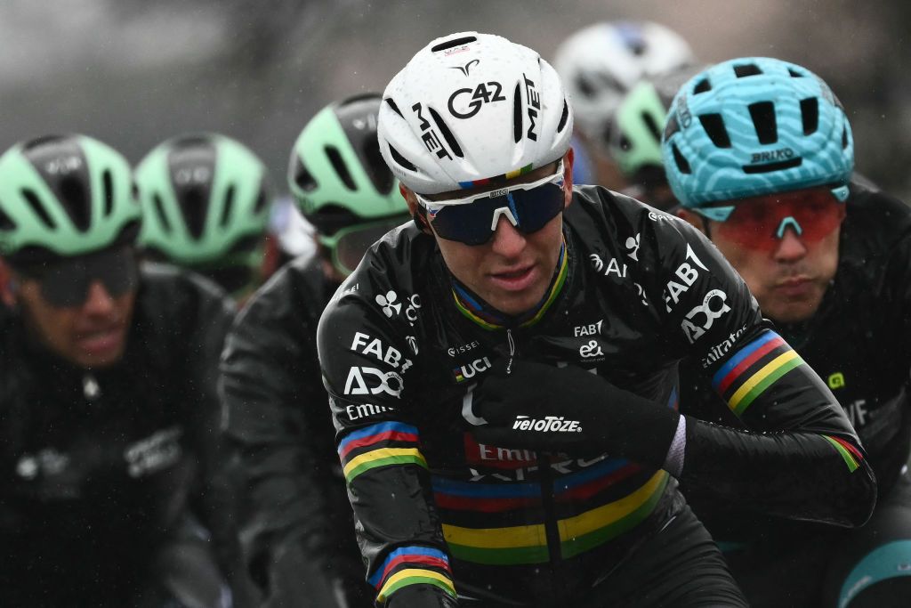 Team UAE's Slovenian rider Tadej Pogacar competes during the Milan - Sanremo one-day classic cycling race, near Milan, on March 22, 2025. (Photo by Marco BERTORELLO / AFP)