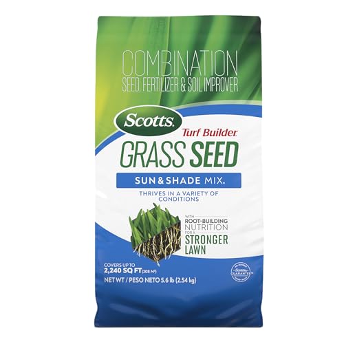 Scotts Turf Builder Grass Seed Sun &amp;amp; Shade Mix With Fertilizer and Soil Improver, Thrives in Many Conditions, 5.6 Lbs.