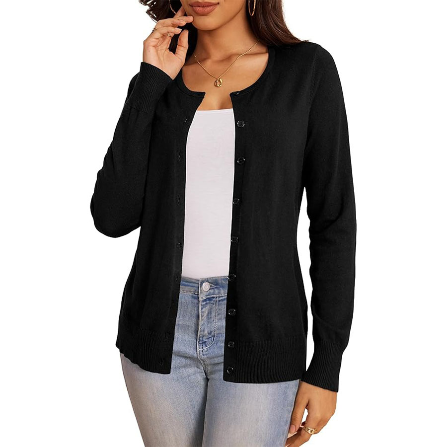 A.jesdani Button Down Crew Neck Long Sleeve Soft Cardigan Sweaters for Women Black L