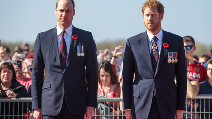 Prince William, Duke of Cambridge and Prince Harry arrive at the Canadian National Vimy Memorial on April 9, 2017 in Vimy, France. The Prince of Wales, The Duke of Cambridge and Prince Harry along with Canadian Prime Minister Justin Trudeau and French President Francois Hollande attend the centenary commemorative service at the Canadian National Vimy Memorial. The Battle Of Vimy Ridge was fought during WW1 as part of the initial phase of the Battle of Arras. Although British-led it was mostly fought by the Canadian Corps.